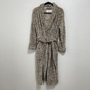 Oscar de la Renta Brown Cheetah Print Plush Robe Belted Pockets S/M Cozy Fleece